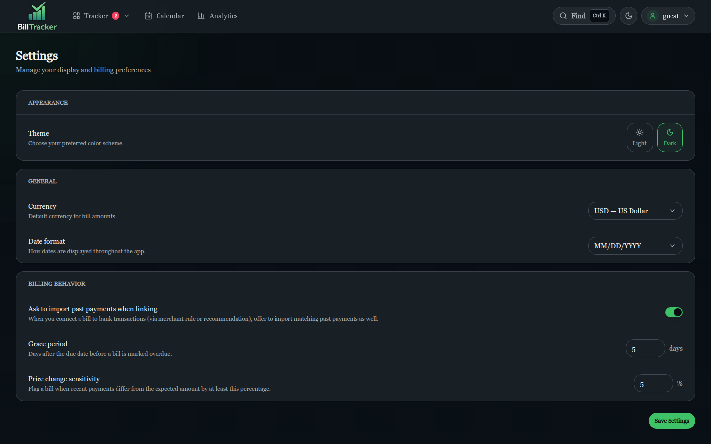 Bill Tracker Settings screen