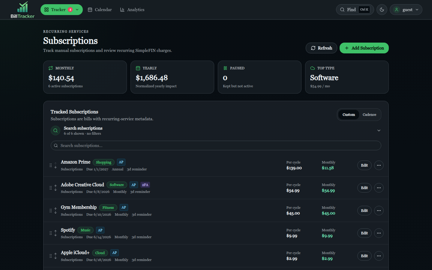 Subscriptions screenshot